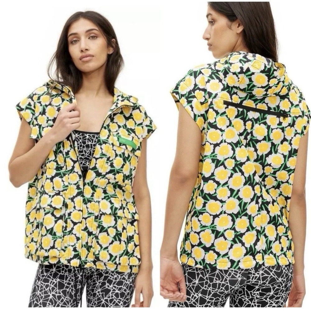 Diane von Furstenberg DVF Target Floral Hooded Utility Vest Yellow Size XS Nylon